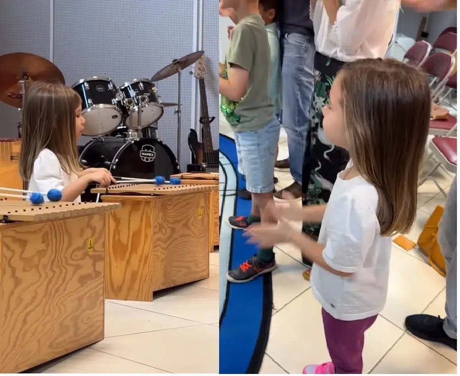 Thaís Fersoza e Michel Teló mostram a filha tocando instrumento musical e surpreendem