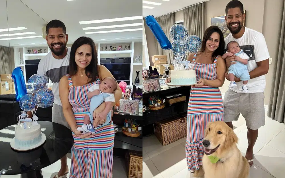 Viviane Araújo posa com seu bebê e a família na festa de Joaquim na cobertura