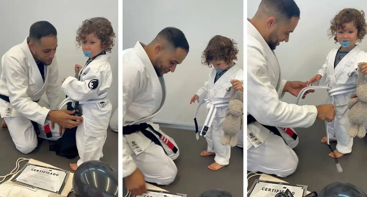 O pequeno Zyan, bebê de Giovanna Ewbank e Bruno Gagliasso, trocando de faixa no jiu-jitsu