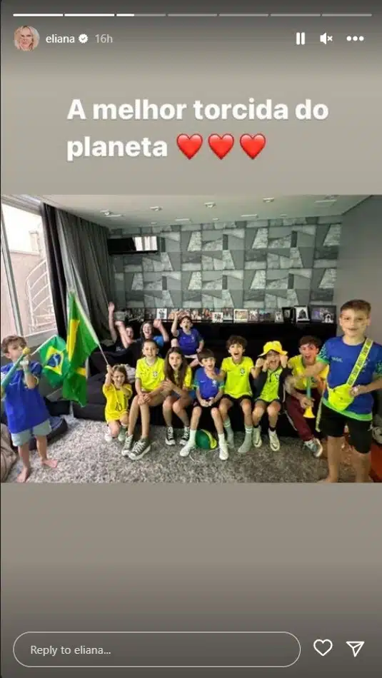 A apresentadora Eliana mostrou o filho torcendo pelo Brasil