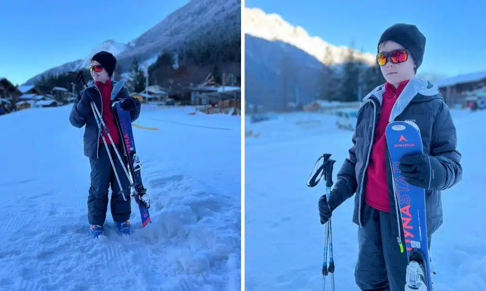 Alêzinho, filho de Ana Hickmann e Alexandre Côrrea, esquiando na neve