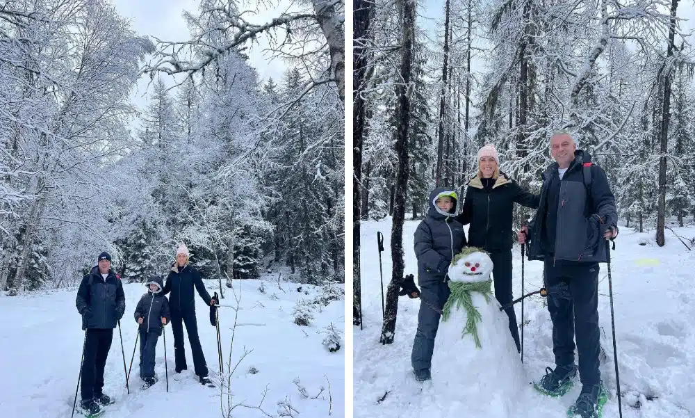 A apresentadora Ana Hickmann na neve com o marido e o filho