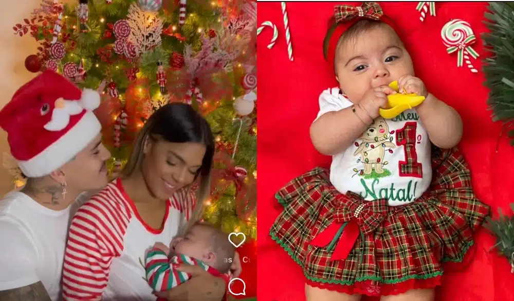 Biel e Tays Reis posam com sua bebê na mansão decorada para o Natal