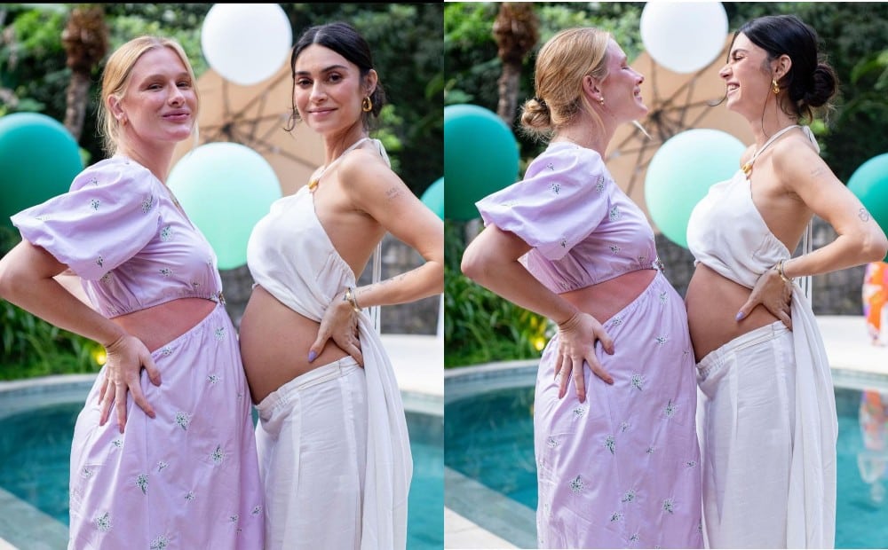 Fiorella Mattheis posa junto com Thaila Ayala exibindo barrigão de grávida