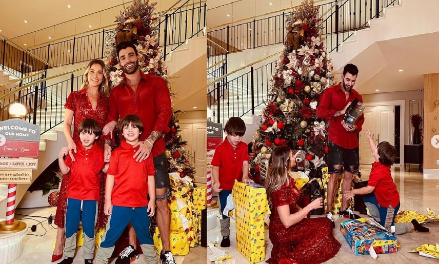 Gusttavo Lima posa com filhos na decoração de Natal da mansão