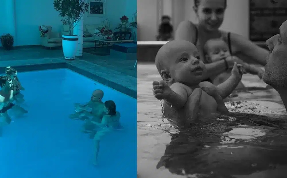 Isa Scherer exibe o primeiro banho de piscina dos gêmeos