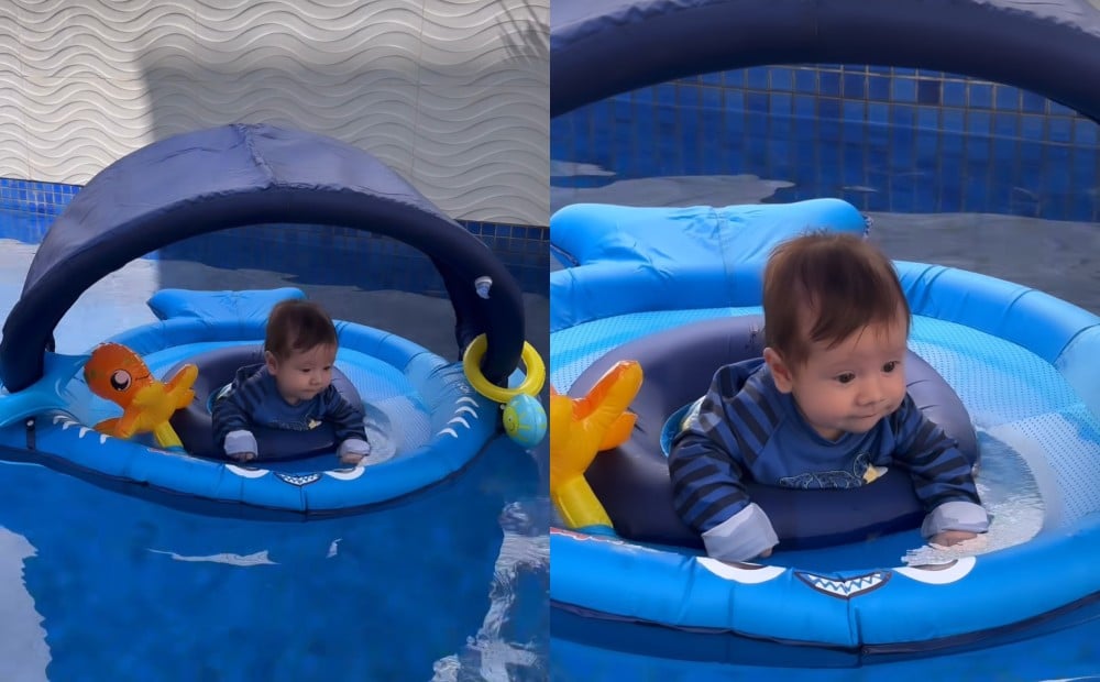 Bebê de Pérola Faria surge na piscina e encanta