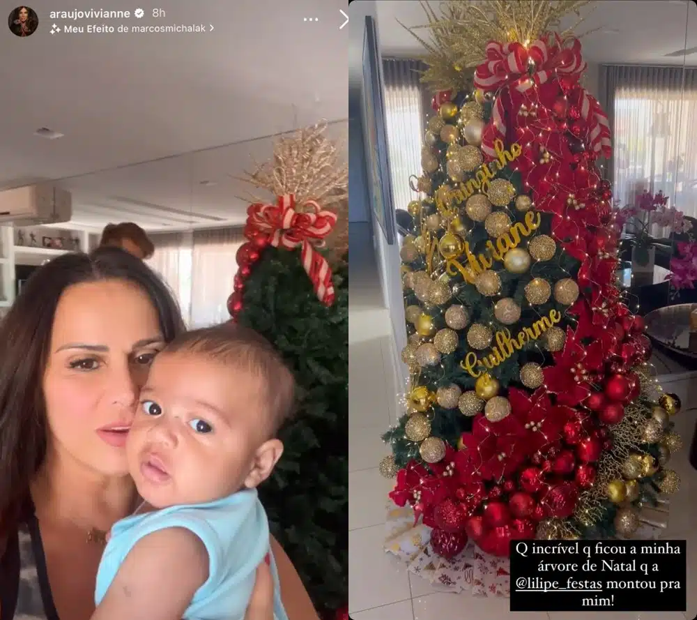 Viviane Araújo posa com seu bebê em frente à decoração de natal de sua cobertura