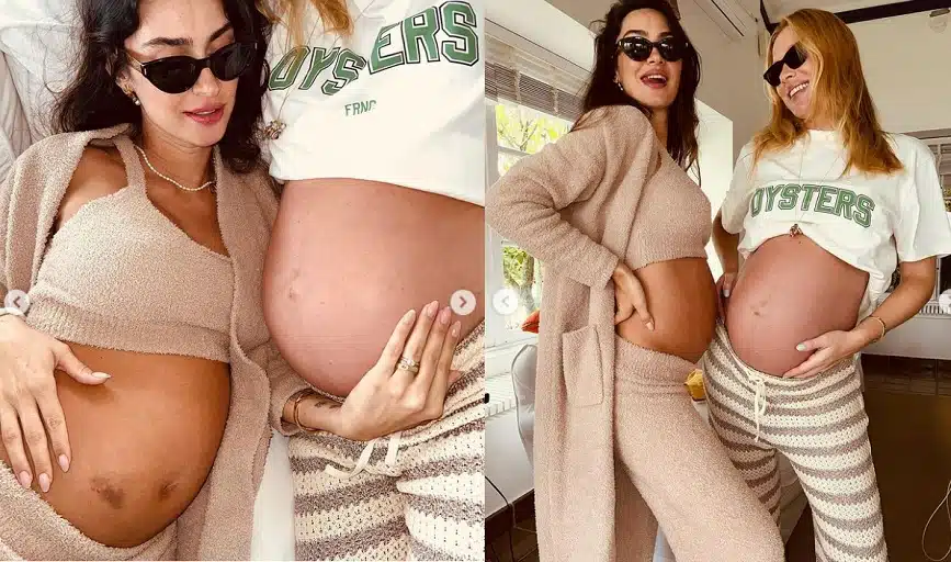 Thaila Ayala e Fiorella Mattheis surgem juntas com seus barrigões de grávida e impressionam 