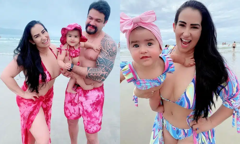 Fabíola Gadelha posa com sua bebê e o marido, todos com look iguais, na praia 