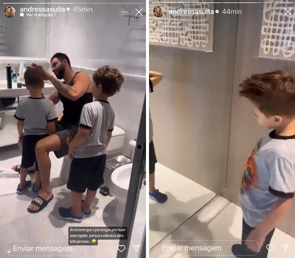 O cantor Gusttavo Lima penteando os cabelos dos filhos