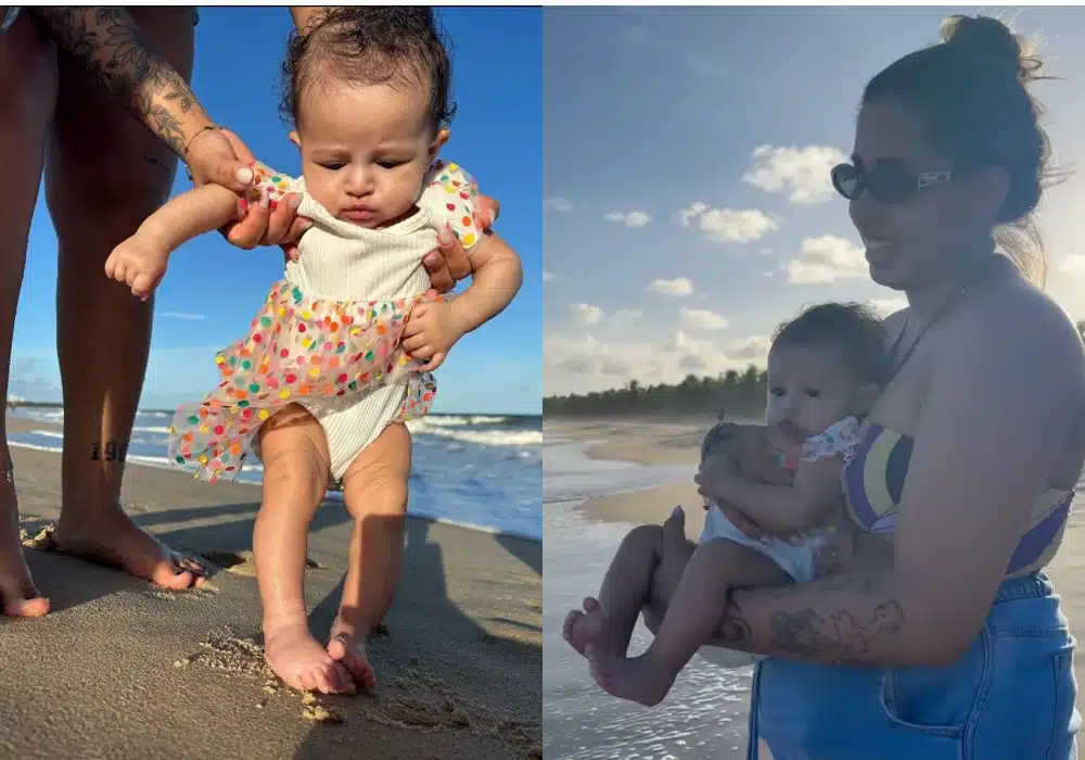 MC Loma posa com sua bebê na praia pela primeira vez
