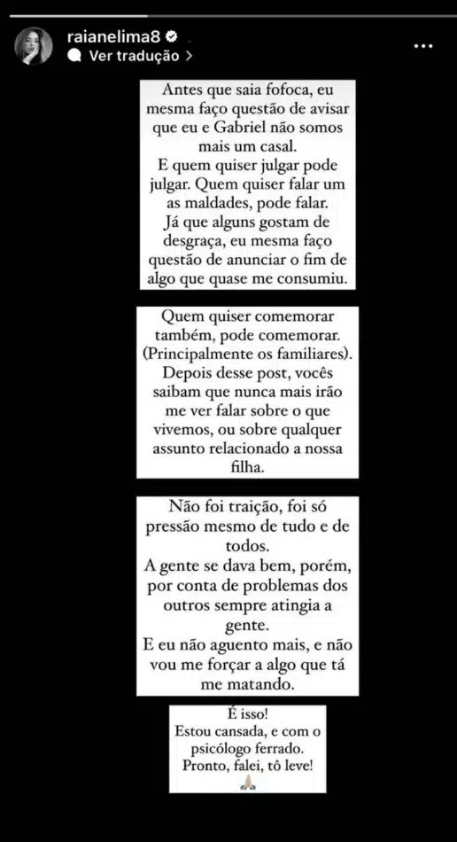 A influenciadora Raiane Lima surpreendeu ao contar o motivo do fim do relacionamento com Gabriel Jesus