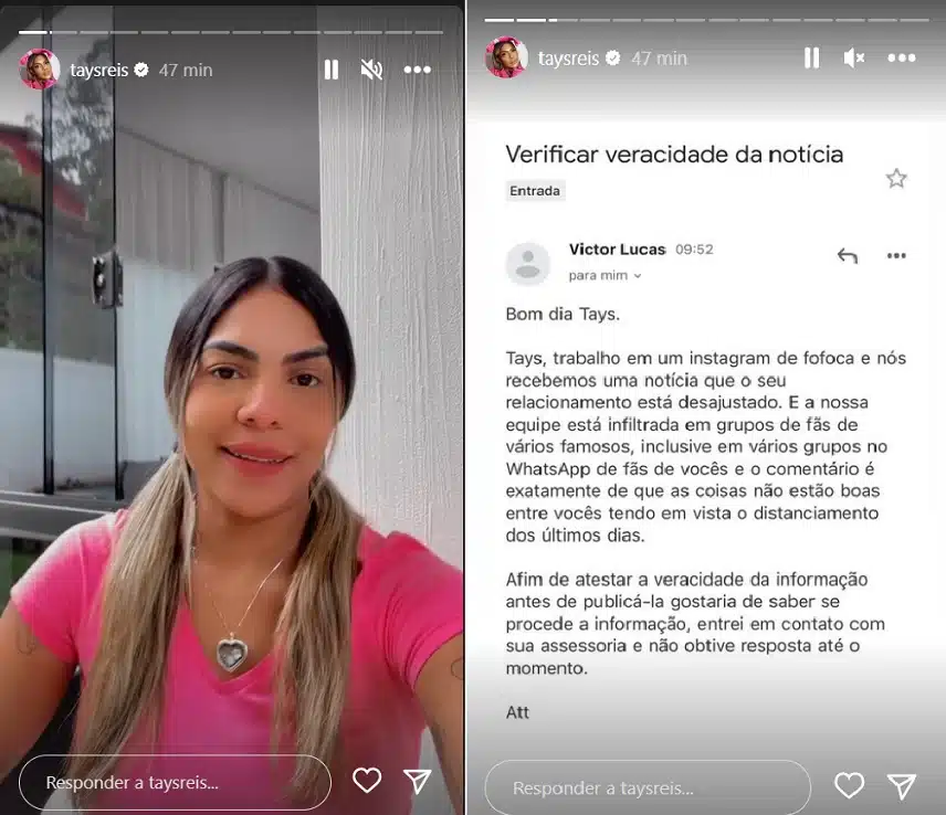 Tays Reis mostra mensagem que recebeu se explica se seu casamento está sem crise