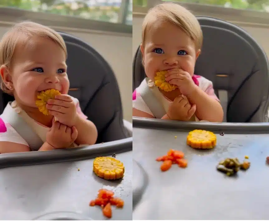 Bebê de Edson Celulari posa comendo milho e fofura chama atenção
