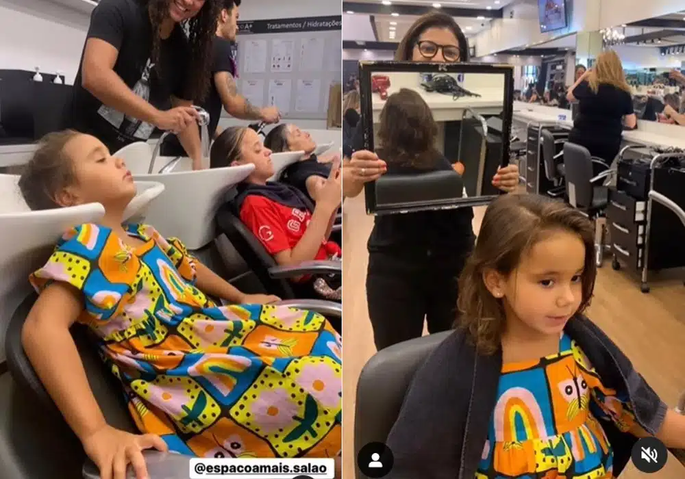 Filha de César Tralli no cabelereiro com sua mãe e irmã
