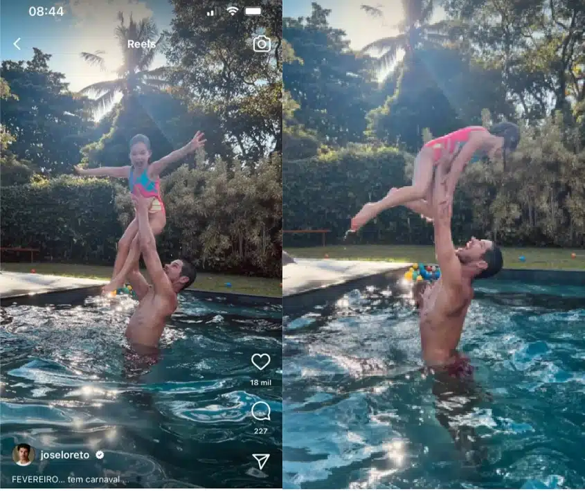 José Loreto se divertindo com sua filha em sua piscina após a reforma e impressiona 