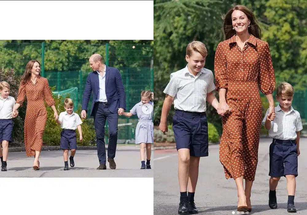 Kate Middleton e o príncipe William levando os filhos para a escola