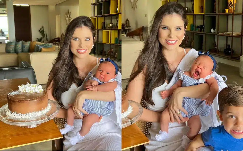Esposa de Mano Walter posa com os filhos na festa de um mês da bebê