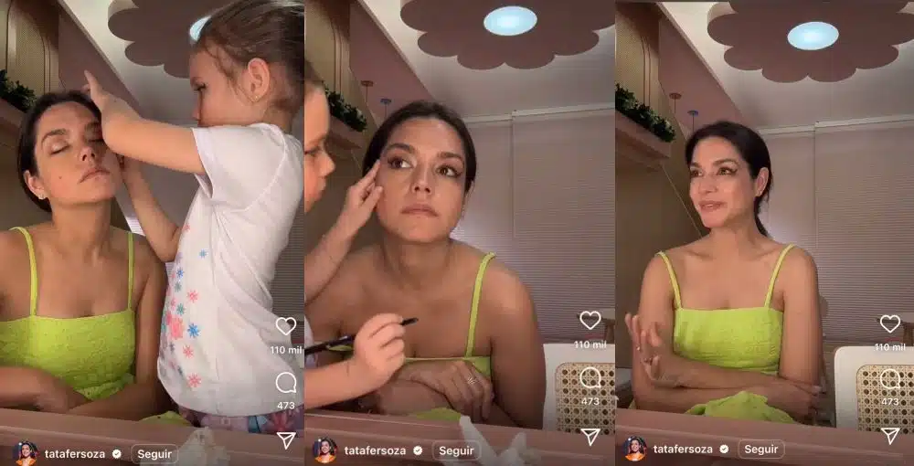 Thais Fersoza mostra sua filha fazendo maquiagem nela