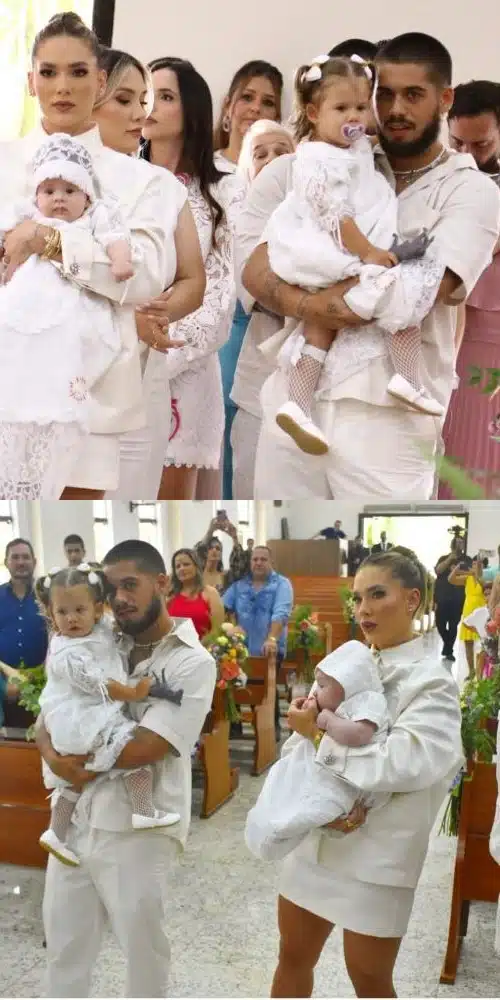 Virgínia Fonseca e marido posam com as filhas no batizado das bebês