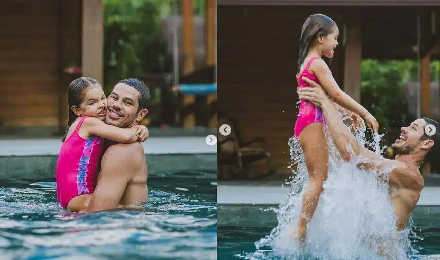 José Loreto surge com sua filha brincando na piscina de sua casa 