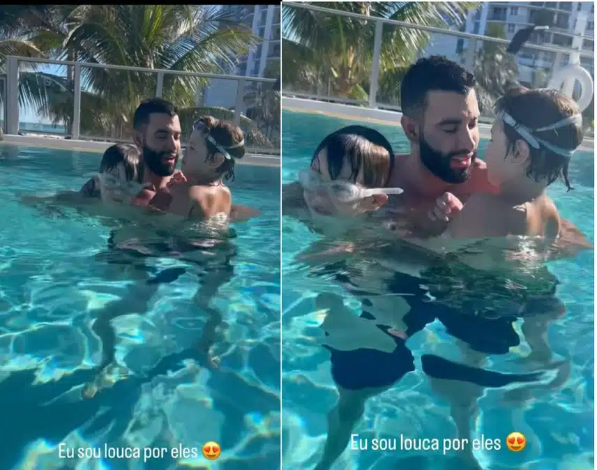 Gusttavo Lima surge com seus filhos se divertindo na piscina de seu condomínio nos EUA e impressiona 