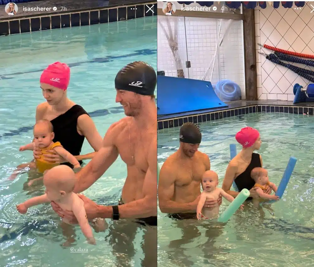 Isa Scherer surge com seus gêmeos em aula de natação