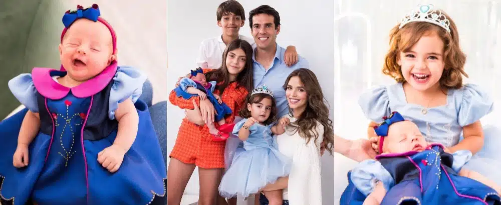Kaká posa com a esposa e os filhos na celebração de um mês da caçula