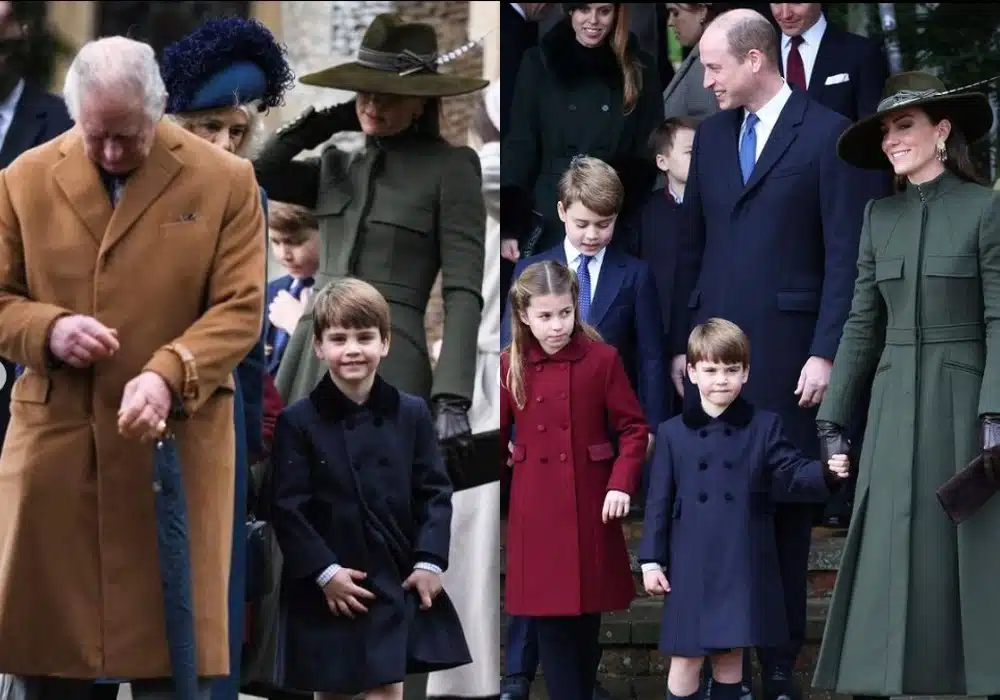 Kate Middleton com os três filhos e o Rei Charles