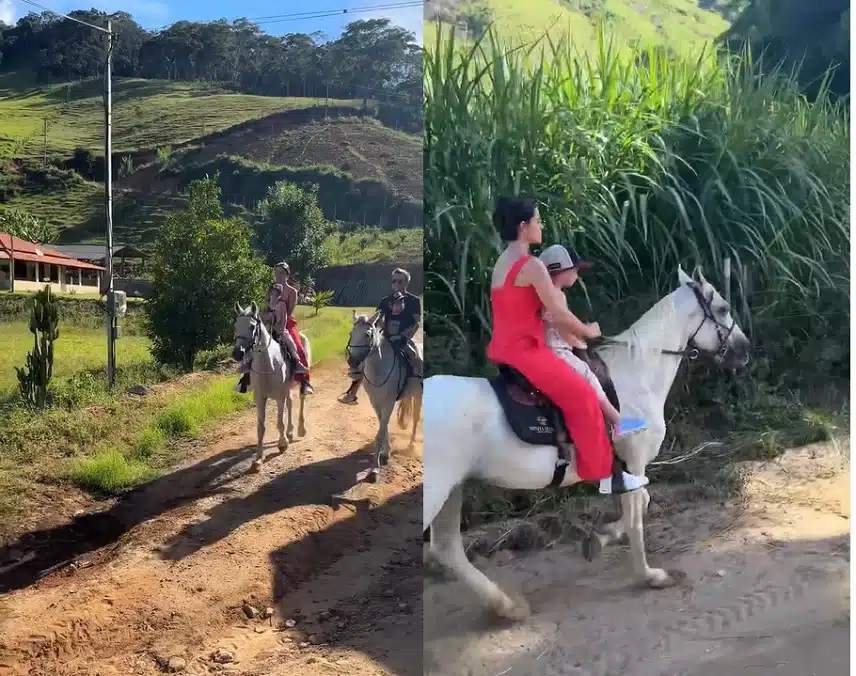 Michel Teló e Thaís Fersoza posam em passeio a cavalo com seus filhos e impressionam 