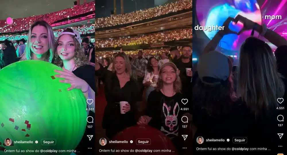 Sheila Mello e a filha posam no show do Coldplay em São Paulo