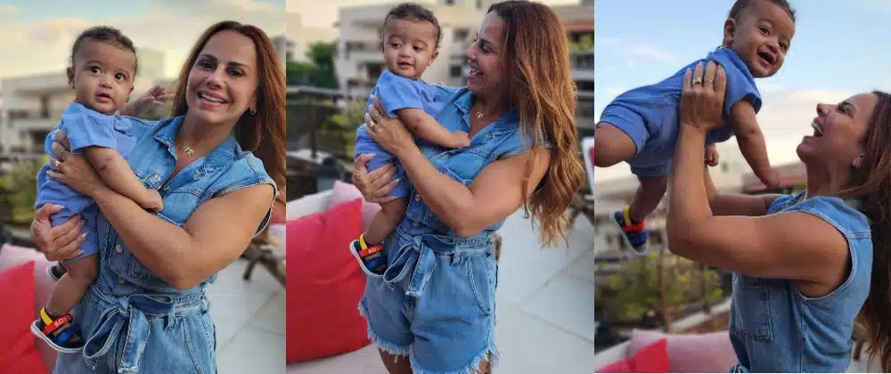 Viviane Araújo se diverte com seu bebê na varanda de sua cobertura