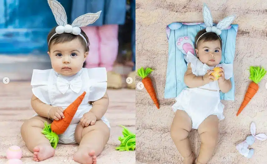Bebê de Tays Reis e MC Biel surge vestida de coelhinha 1ª vez e surpreende