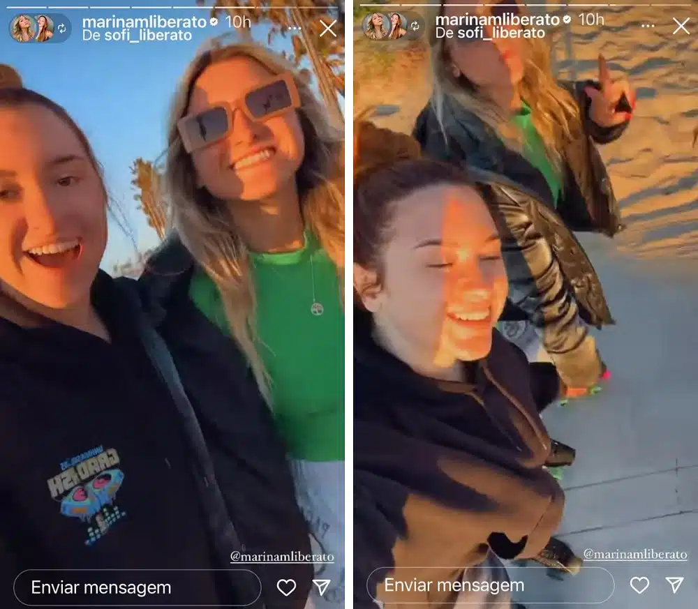 As filhas gêmeas de Rose e Gugu Liberato andando de patins em uma praia dos EUA