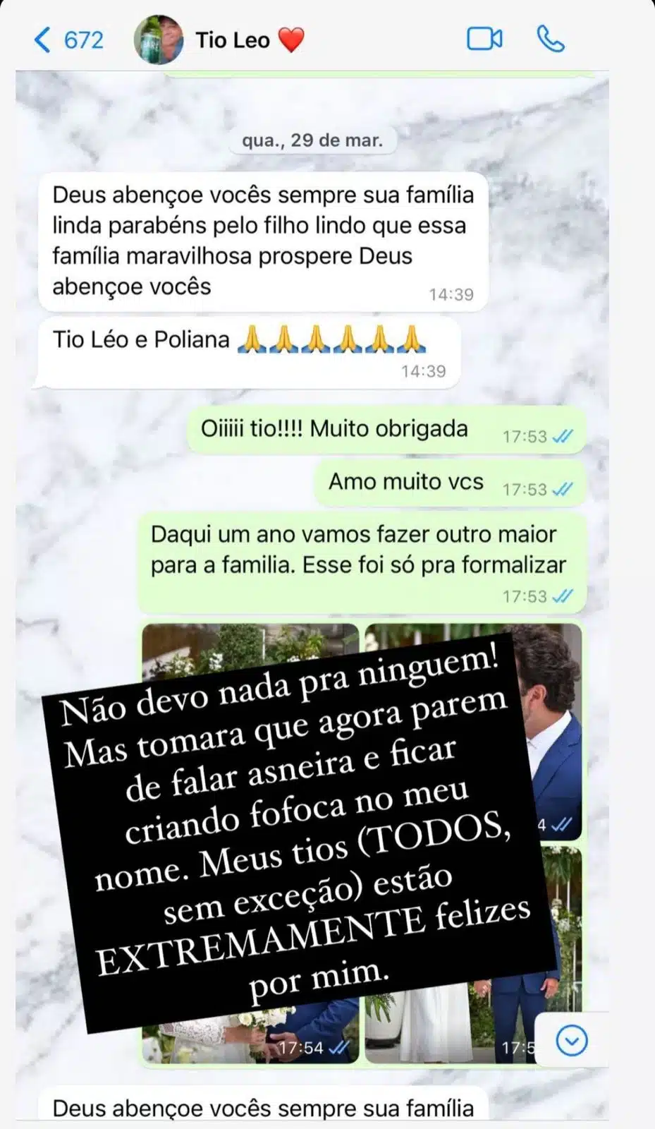 Filha de Leandro mostra conversa com o tio Leonardo sobre o casamento