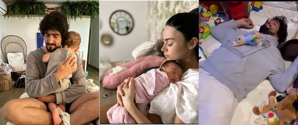 Renato Góes e Thaila posam com seus bebês em casa pela primeira vez