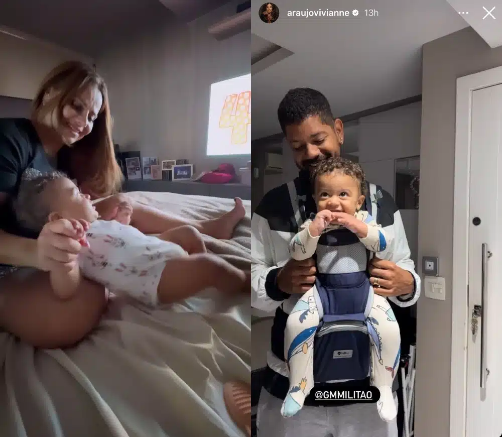 Viviane Araújo posa com seu bebê na suíte da cobertura e mostra o marido com o filho