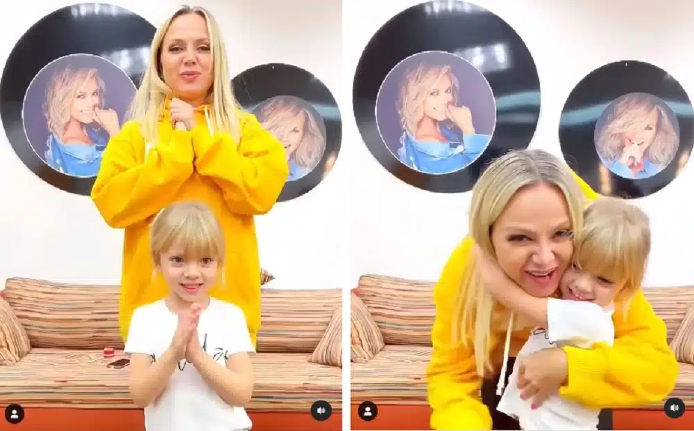 A apresentadora Eliana com a filha em seu camarim