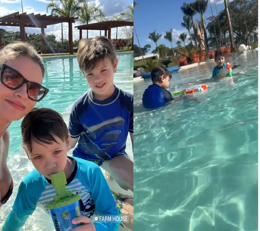 Filhos de Gusttavo Lima posam com Andressa Suita na gigantesca piscina da fazenda e encantam
