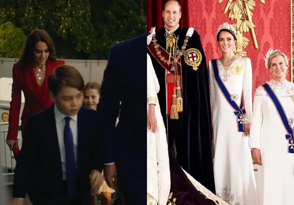 Kate Middleton junto com os filhos e exibindo vestido da coroação