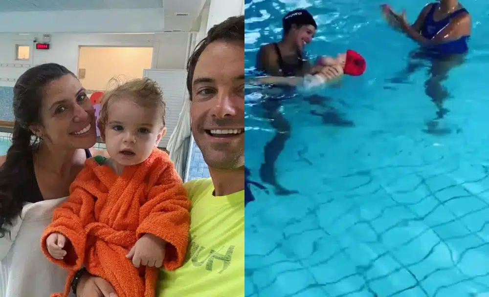 Kayky Brito posa com seu bebê na aula de natação