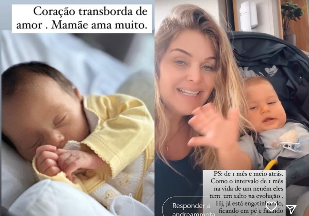 Viúva de Leandro mostrando o filho recém-nascido e junto de seu neto 
