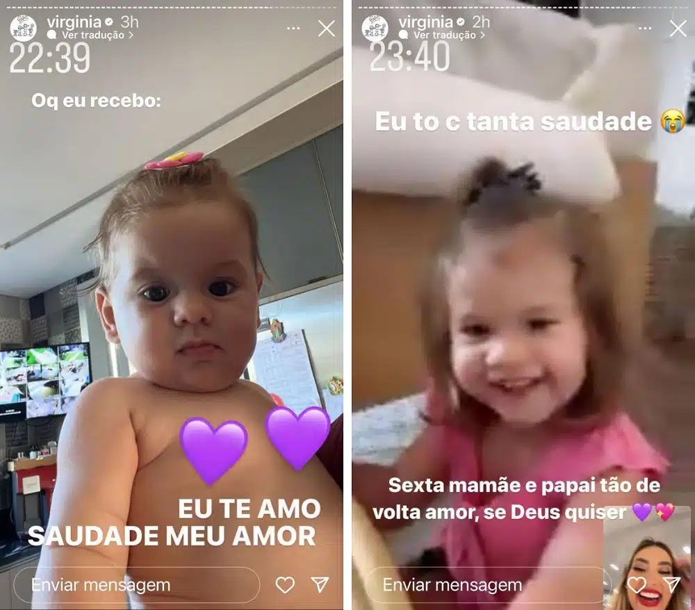 Maria Flor e Maria Alice, bebês de Virgínia Fonseca e Zé Felipe, na chamada de vídeo