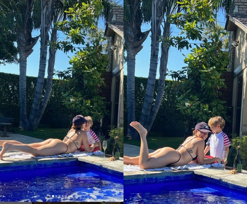 Isis Valverde se diverte com seu filho na piscina de sua mansão