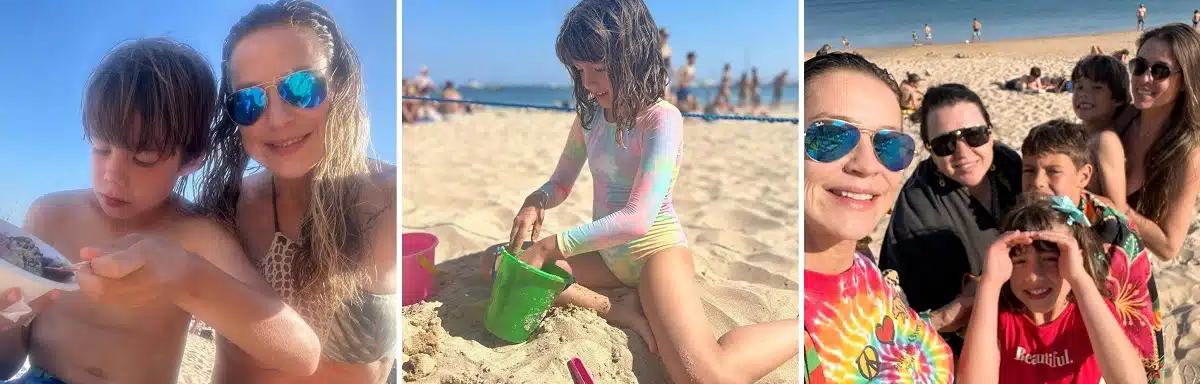 A atriz Luana Piovani surgiu com seus três filhos em uma praia portuguesa