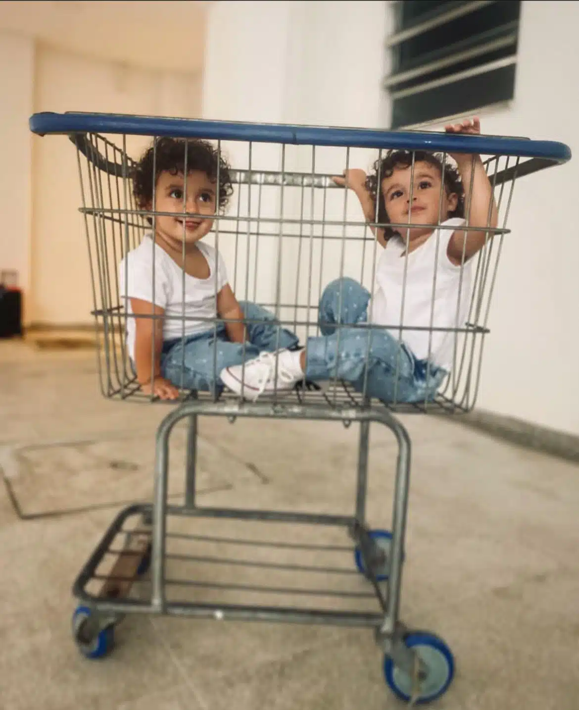 Bebês gêmeas de Nanda Costa posam em carrinho de compras