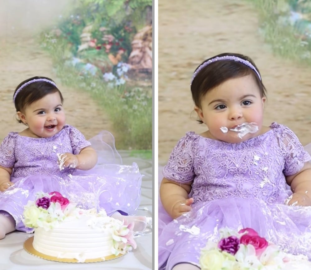 A bebê de Tays Reis e Biel aproveitou os cliques para se lambuzar com o bolo