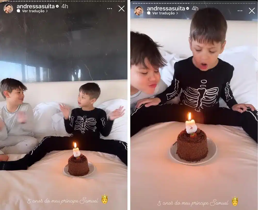 Samuel, caçula de Andressa Suita e Gusttavo Lima, ganhou um bolo de aniversário, logo cedo