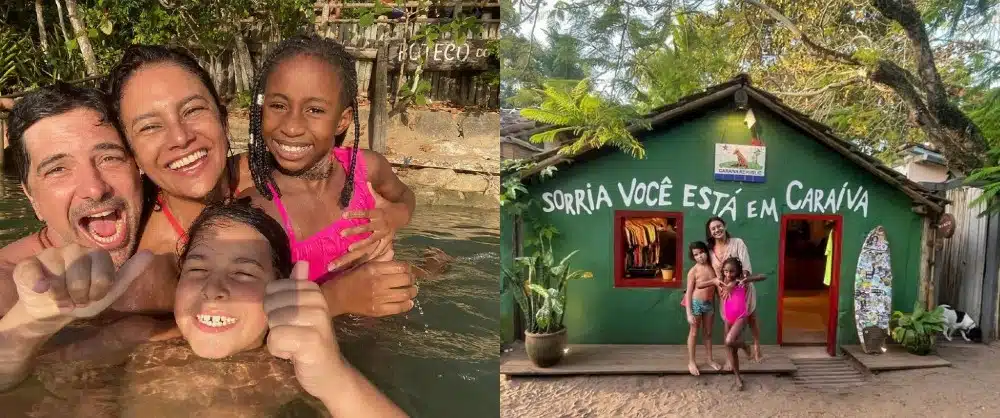 Dira Paes posa com seu filho e a filha de Leandra Leal na Bahia